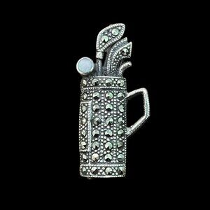 Vtg Marcasite Sterling Silver Golf Club Bag Pin Pendant